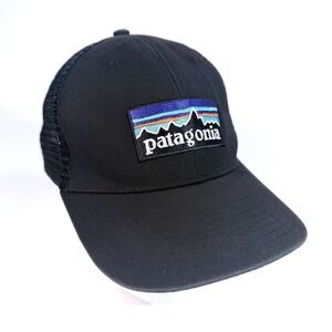 Patagonia P-6 Logo Trucker Hat Black Mesh Snapback NetPlus Outdoor Mens